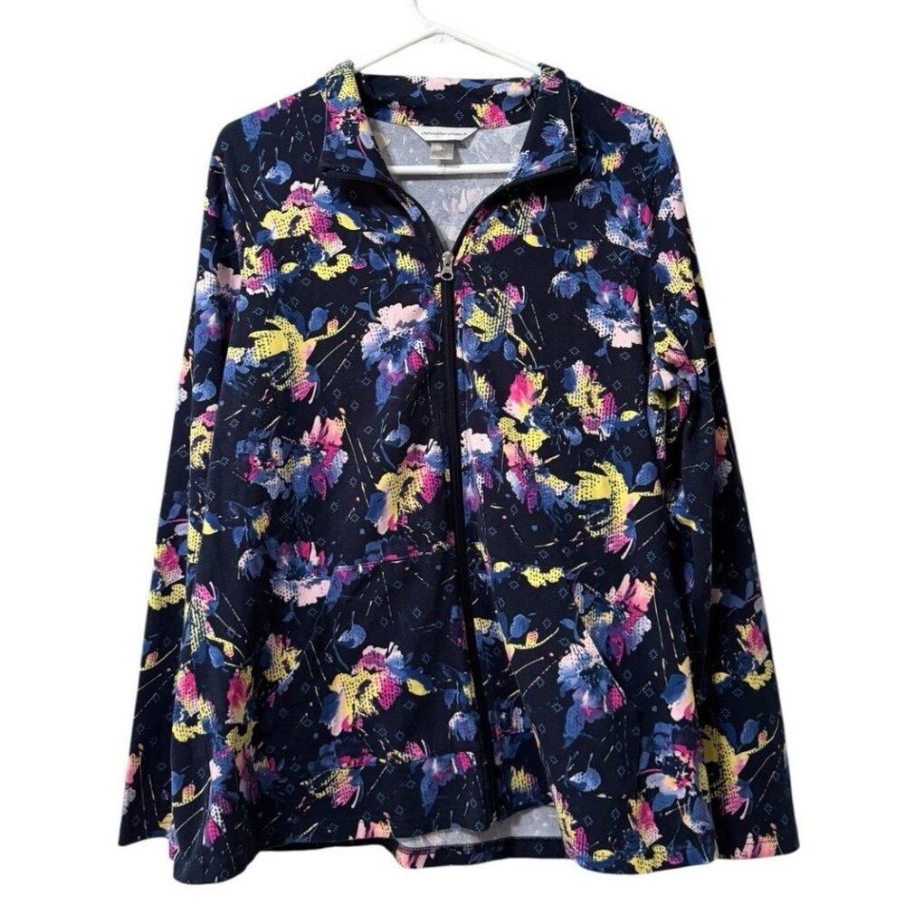 Christopher & Banks Size Large Women Floral Zip Jacket Shirt Long Sleeve Stretch